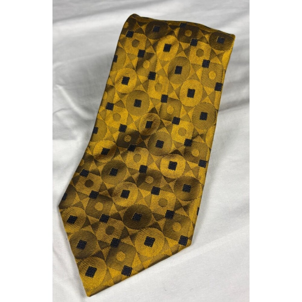 John W Nordstrom Silk Tie Gold Yellow Geometric Navy Medallion Pattern Italy